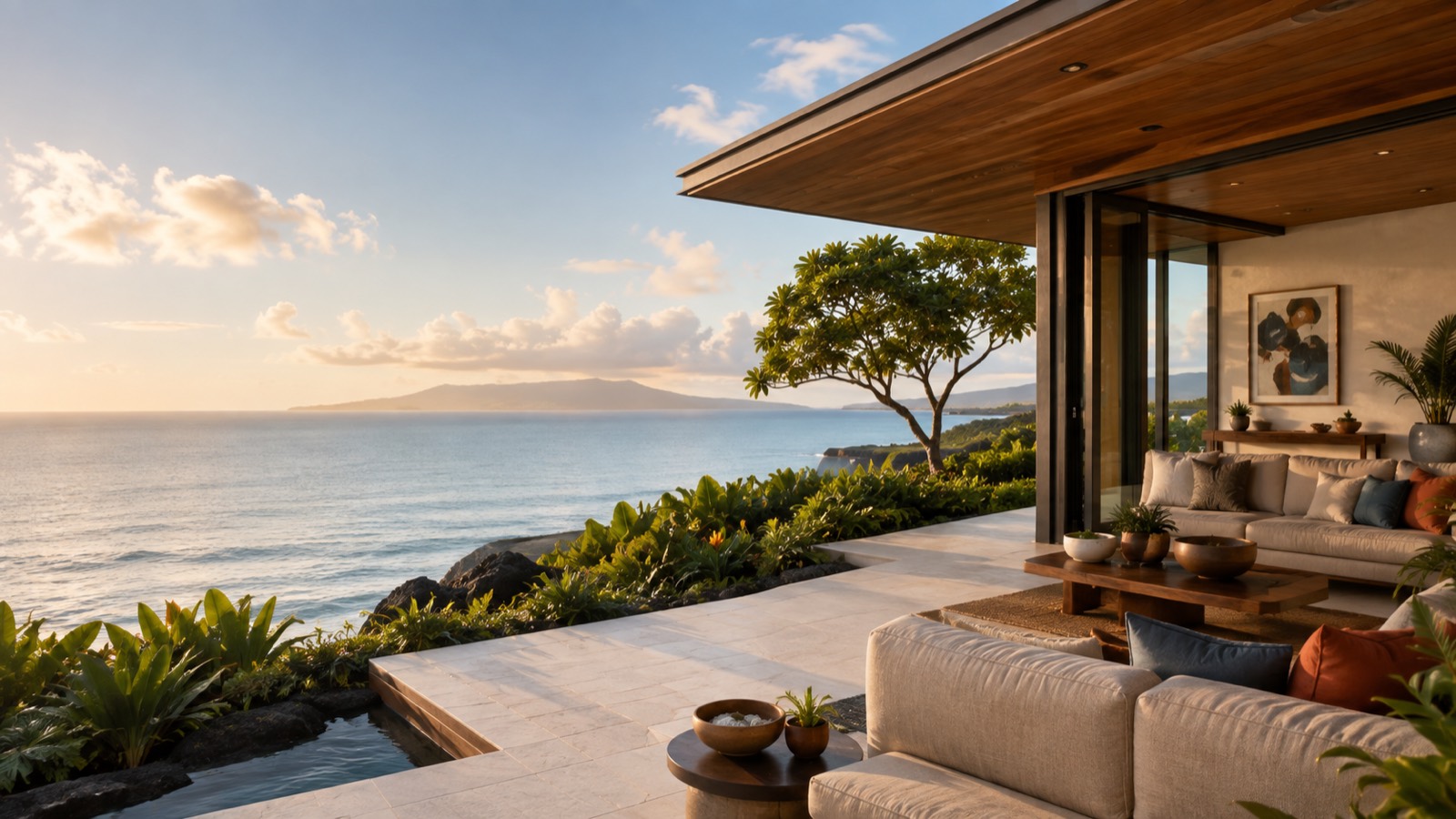 Oceanfront lanai overlooking the Hawaii coastline at sunset