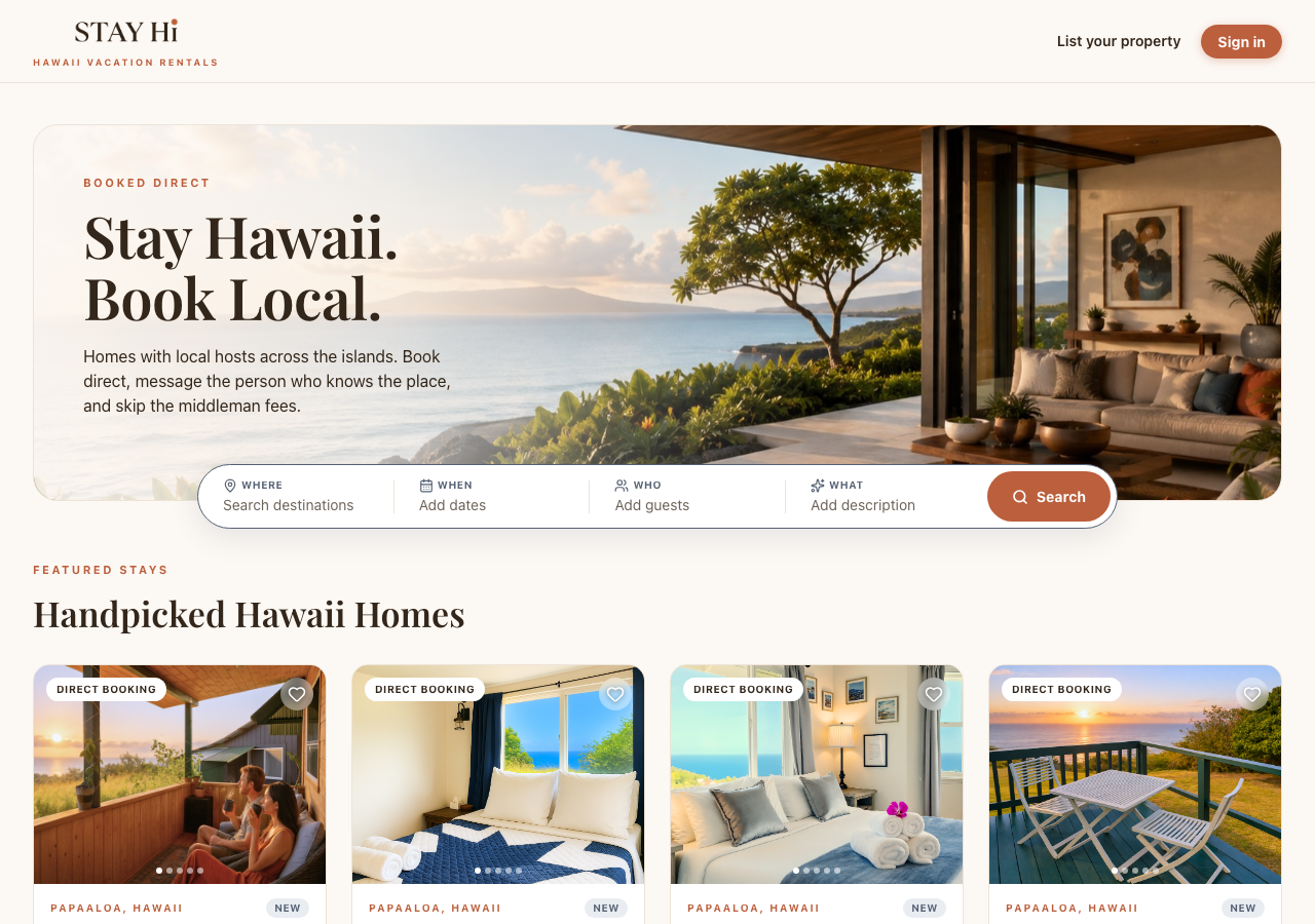 The stayhawaii.app homepage, showing Hawaii vacation rentals travelers can book direct